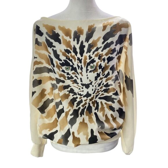 JAMBOREE NY Vintage Blouse Tiger Animal Batwing Sleeves Pullover Ivory 10 3-28 - Picture 13 of 14